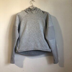 Puma Hooded Sweatshirt zippered kangaroo pocket Moto style thumb holes Med Grey